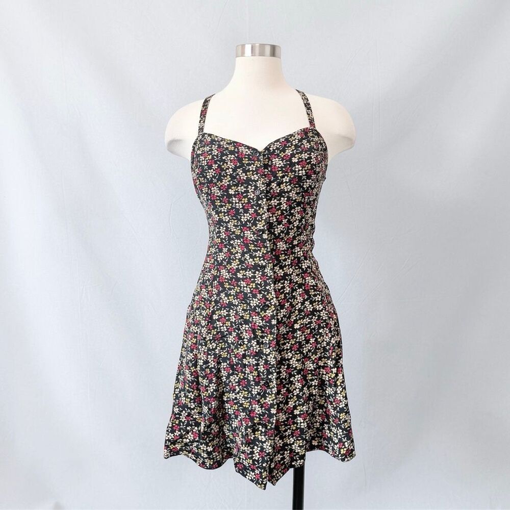 J Crew Button Down Floral Sweetheart Neckline Sundress Black Flowers Small